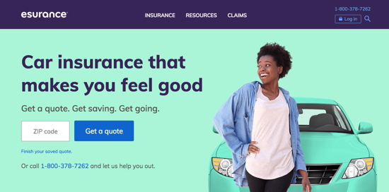 screenshot of car insurance page on www.esurance.com